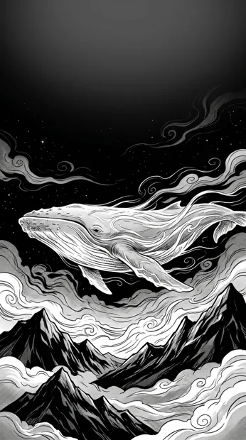 A surreal enormous whale floating silently above dark mountain peaks, swirling cloud lines, elegant monochrome fantasy