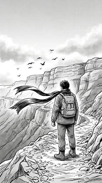 An original adult traveler seen from behind with a long scarf blowing across a mountain pass, distant birds and layered cliffs