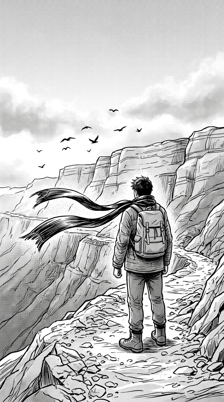 An original adult traveler seen from behind with a long scarf blowing across a mountain pass, distant birds and layered cliffs