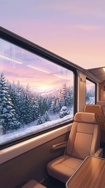 Interior view from an empty train seat toward snow-covered pine forests through a large window, warm cabin light and soft pastel sunset