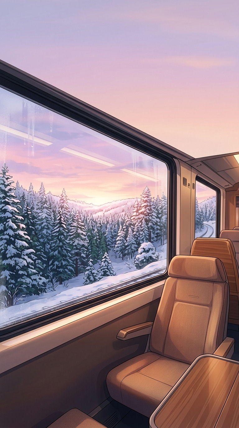 Interior view from an empty train seat toward snow-covered pine forests through a large window, warm cabin light and soft pastel sunset