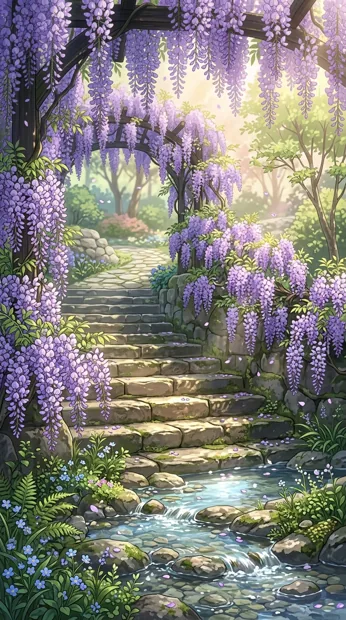 Old stone steps covered with hanging violet wisteria, a tiny stream at the bottom, soft spring sunlight and floating petals