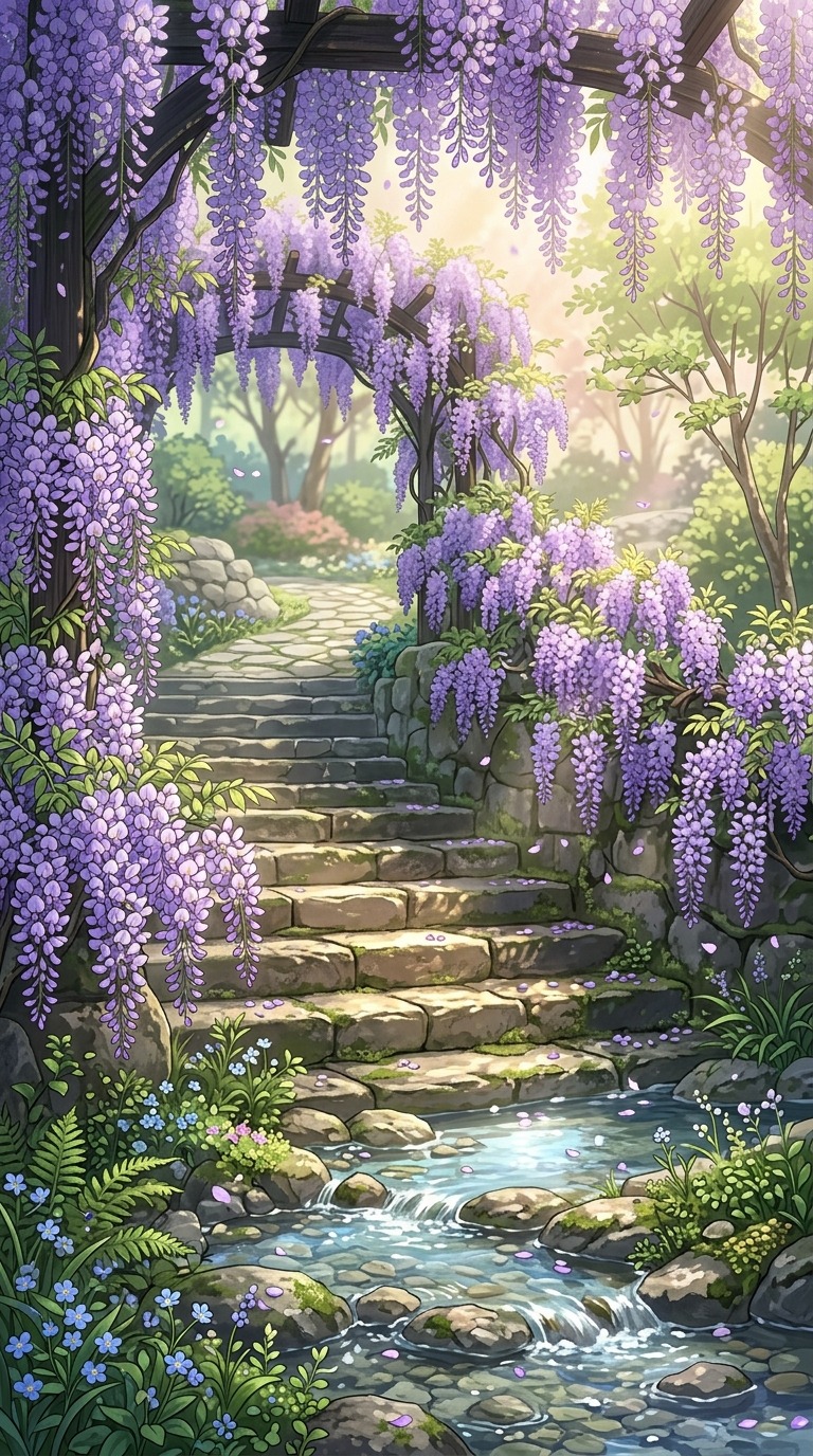Old stone steps covered with hanging violet wisteria, a tiny stream at the bottom, soft spring sunlight and floating petals