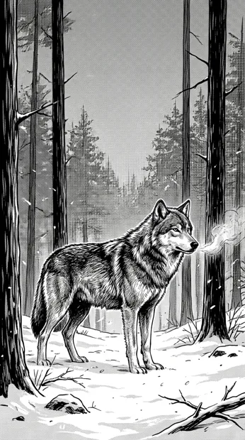 A lone calm wolf standing on snowy ground among tall black pine trunks, visible breath and drifting snow, high-contrast fur detail