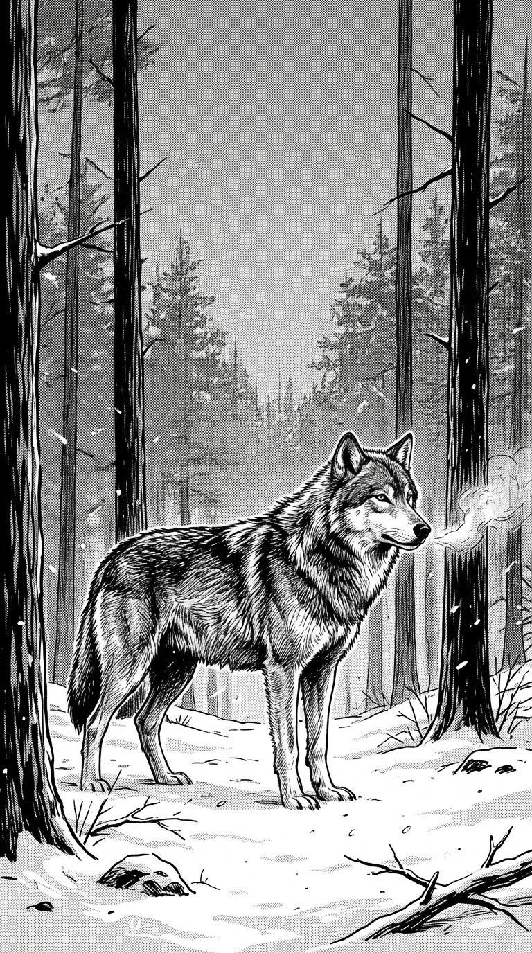 A lone calm wolf standing on snowy ground among tall black pine trunks, visible breath and drifting snow, high-contrast fur detail