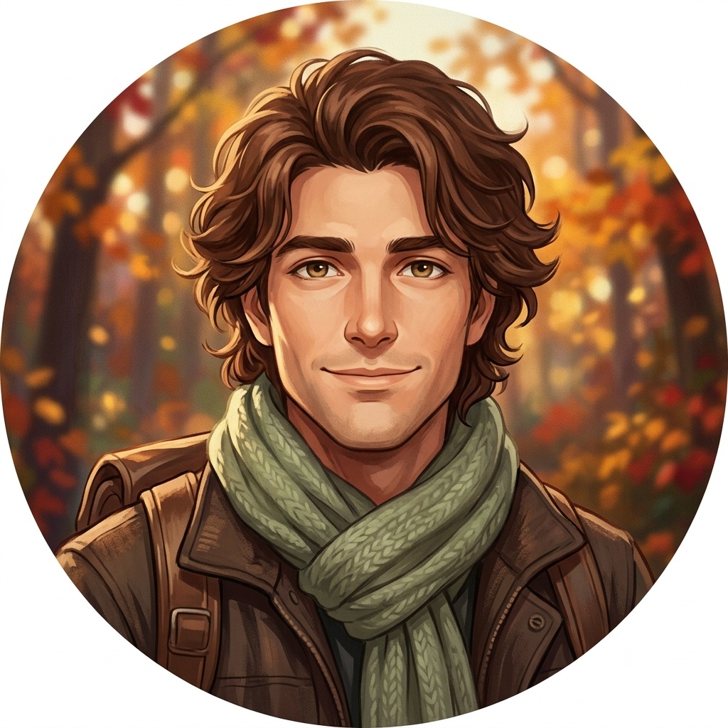 An original anime traveler wears a sage scarf against an autumn forest background.
