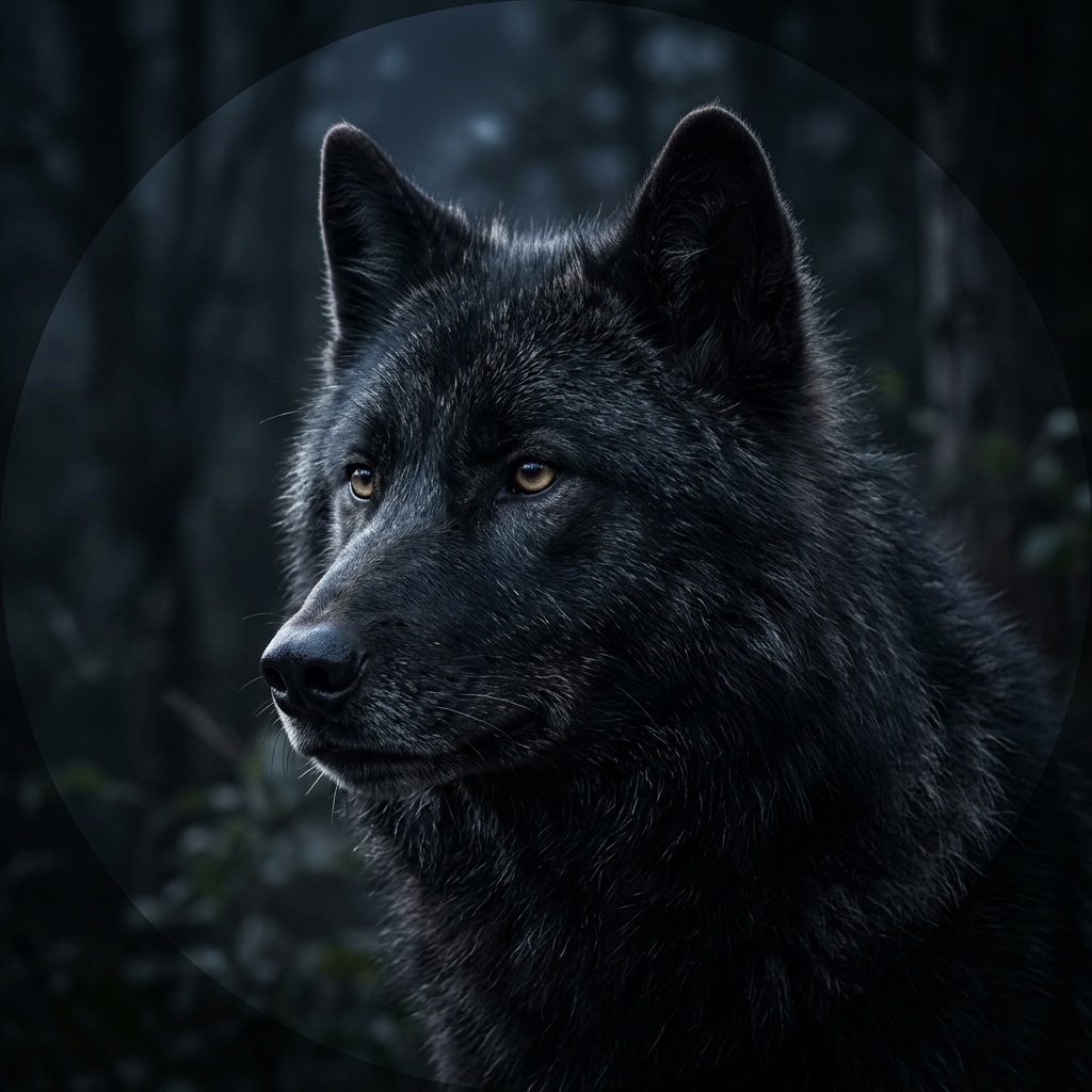 A black wolf in silver moonlight against a dark forest background.