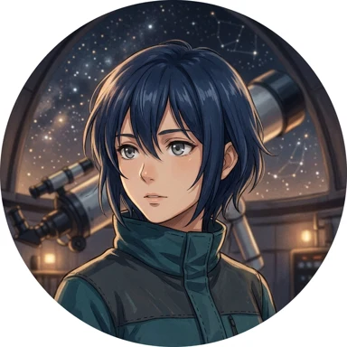 An original blue-haired anime astronomer stands before a telescope and stars.