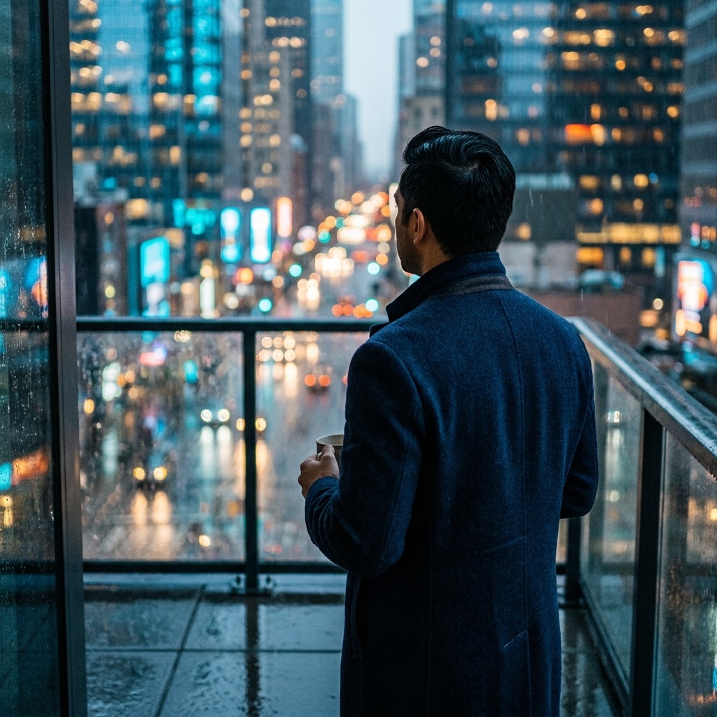 A man in a navy coat looks across a city from a balcony.