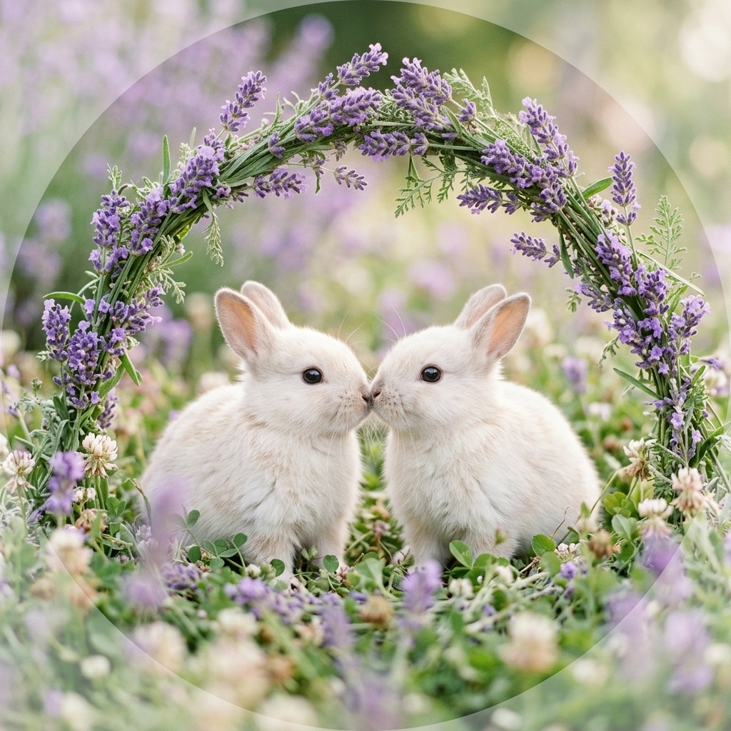 Two white rabbits touch noses beneath an arch of lavender flowers.