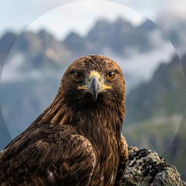 A golden eagle rests on a rock with misty mountains behind it.
