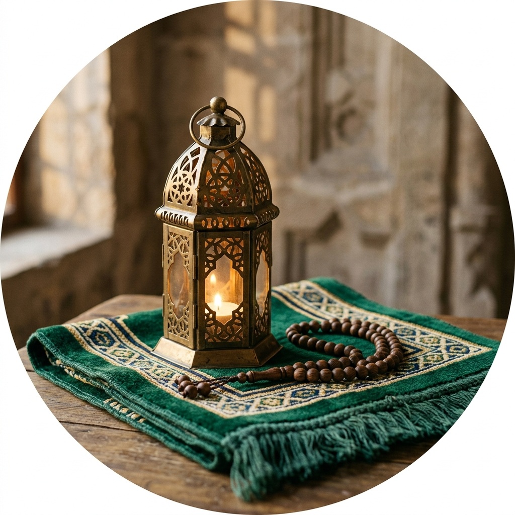 A glowing brass lantern and wooden prayer beads rest on an emerald prayer rug.