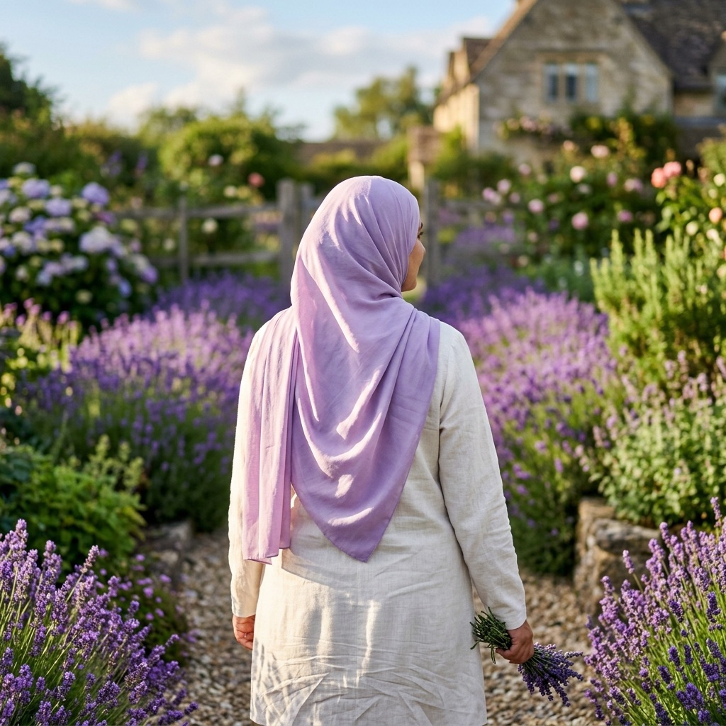 A woman in a lavender hijab and ivory outfit stands in a sunlit flower garden.