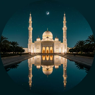 An illuminated mosque is reflected in still water beneath a crescent moon.