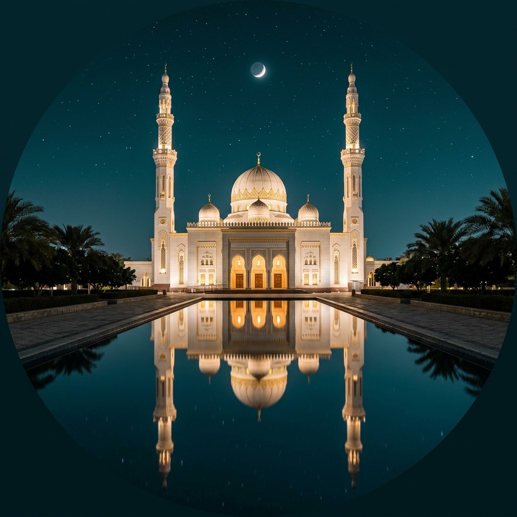 An illuminated mosque is reflected in still water beneath a crescent moon.