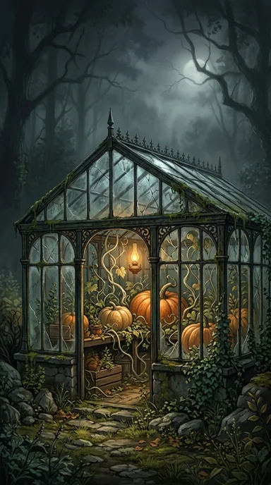 An old glass greenhouse holds pumpkins and plants in a moonlit, misty woodland