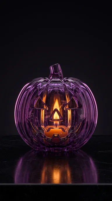 An amethyst glass jack-o-lantern glows amber against a dark reflective background