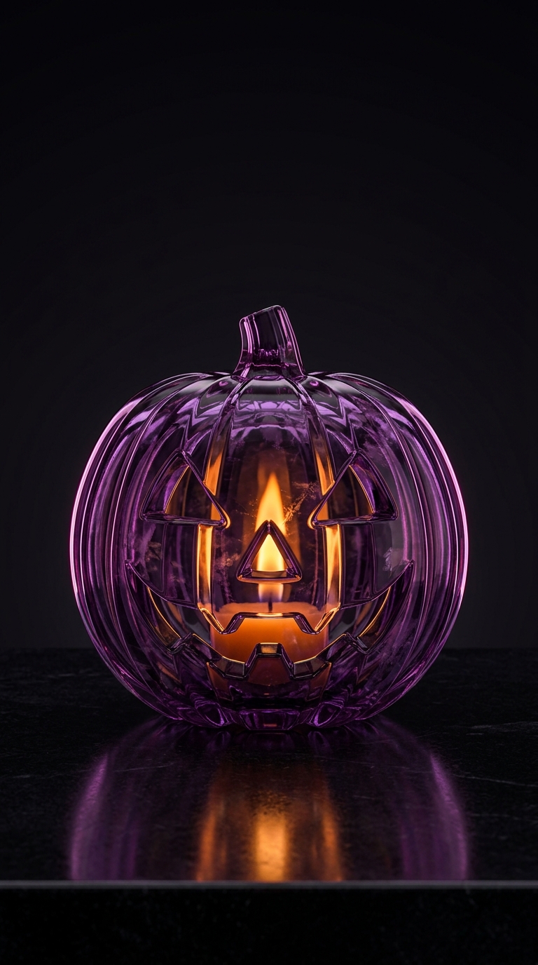 An amethyst glass jack-o-lantern glows amber against a dark reflective background