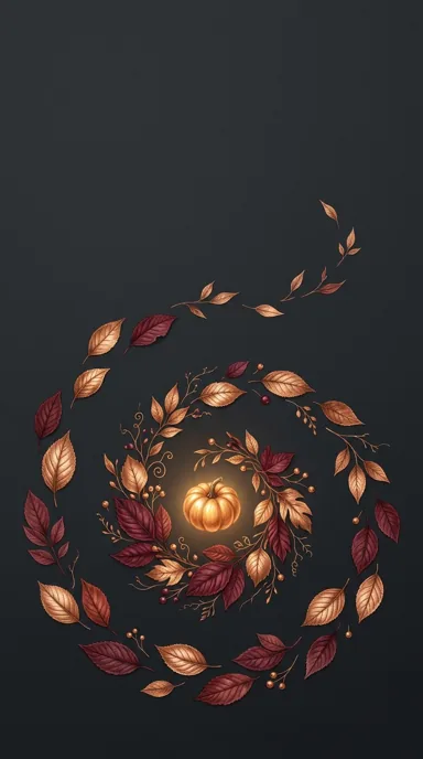Copper and burgundy leaves spiral around a glowing small pumpkin