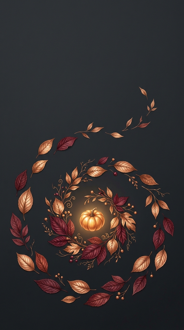 Copper and burgundy leaves spiral around a glowing small pumpkin