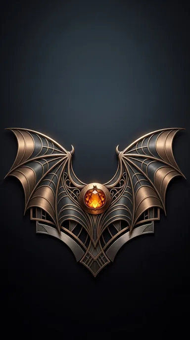 Metallic bat wings spread around a small amber pumpkin jewel on a dark background
