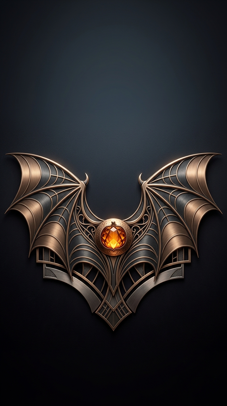 Metallic bat wings spread around a small amber pumpkin jewel on a dark background