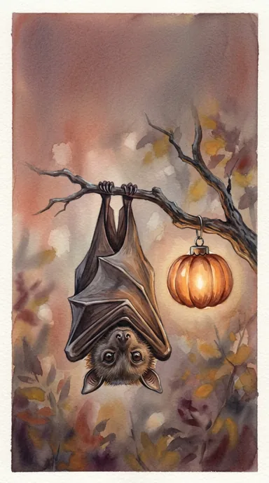 A watercolor bat hangs upside down beside a pumpkin lantern within a textured paper margin