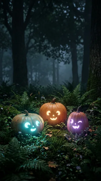 Cyan, amber and violet pumpkins glow among ferns in a shadowy forest clearing