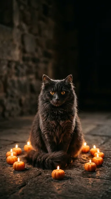 A dark fluffy cat sits among warm pumpkin candles on an old stone floor