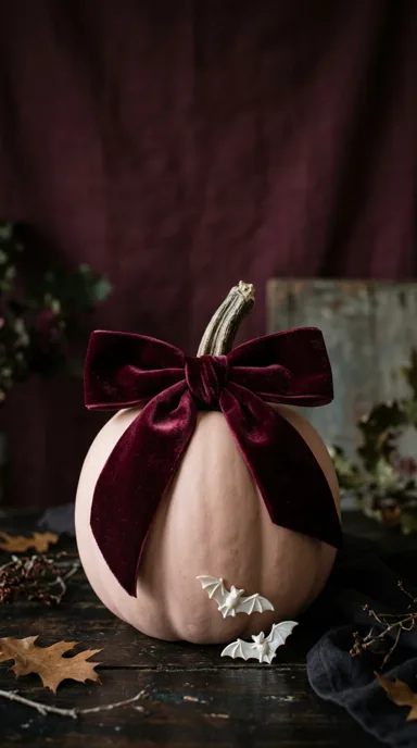 A blush pumpkin with a burgundy velvet bow rests among dark leaves and pale decorative accents