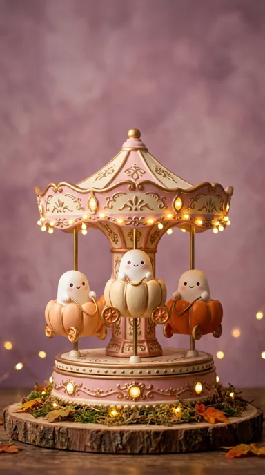 Tiny pale ghosts ride a pink-and-gold carousel with warm lights and pumpkin seats