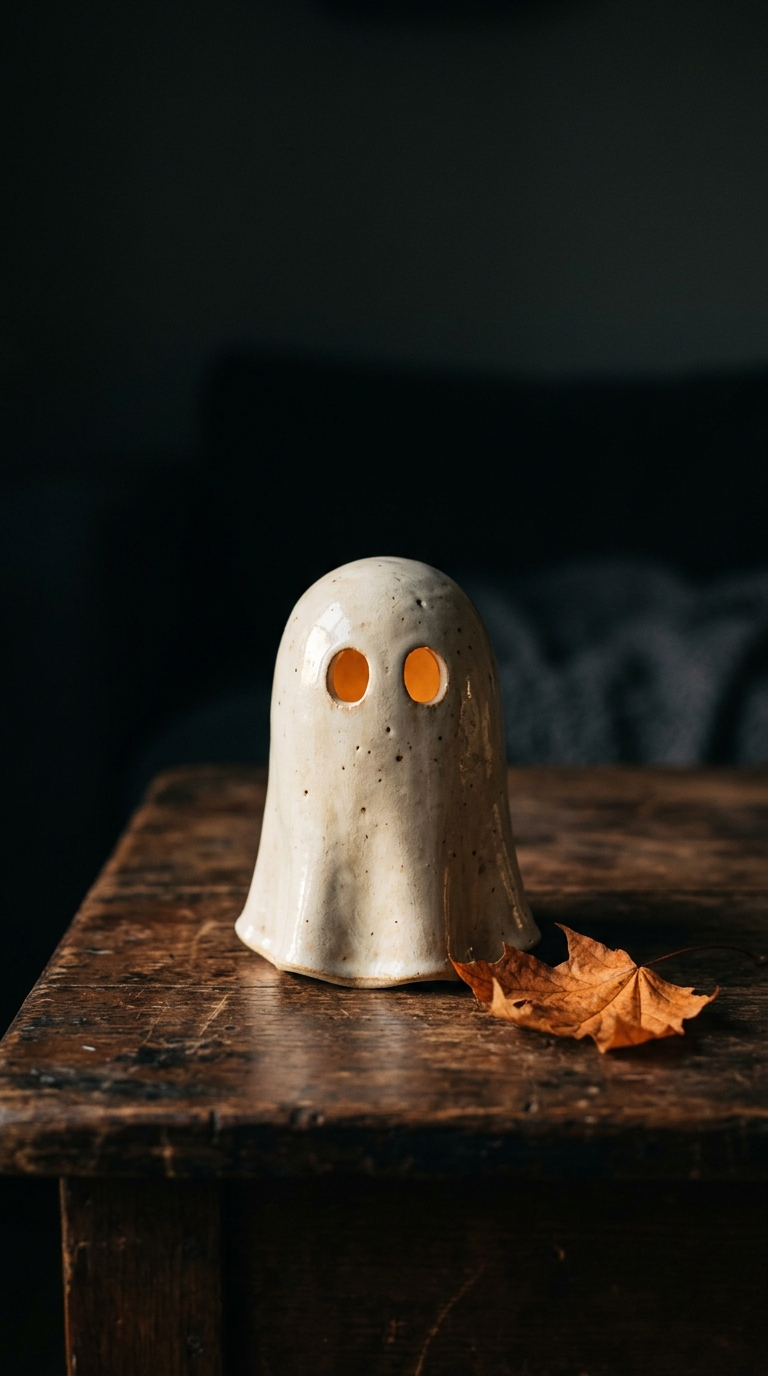 An ivory ceramic ghost lantern glows from its eye openings on a dark wooden surface