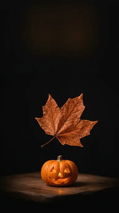 A copper maple leaf hovers above a tiny orange pumpkin on a dark surface