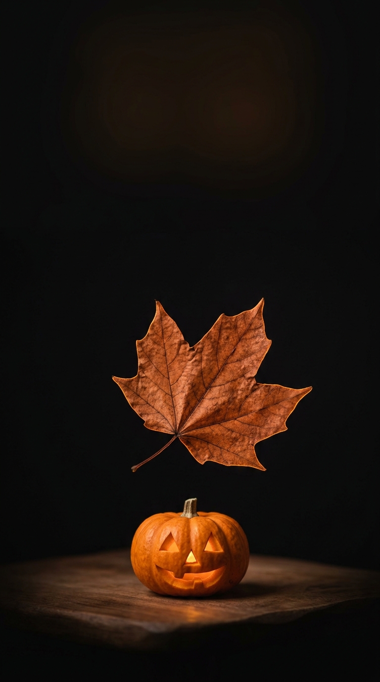 A copper maple leaf hovers above a tiny orange pumpkin on a dark surface