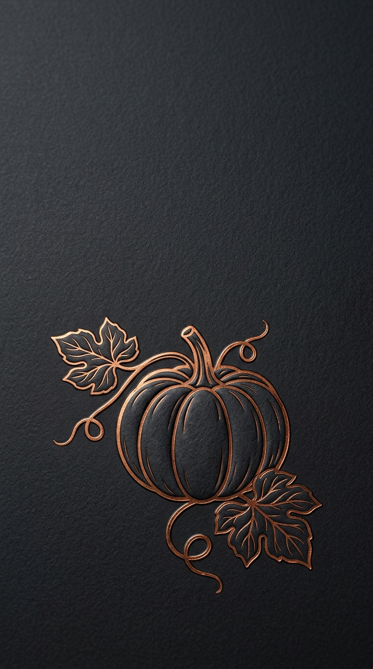 A copper pumpkin and curling leaves form a fine embossed design on charcoal paper