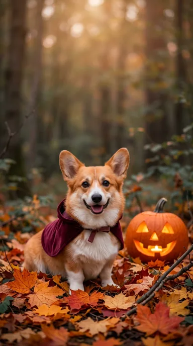 A cheerful corgi in a small burgundy cape sits beside a pumpkin in golden autumn leaves