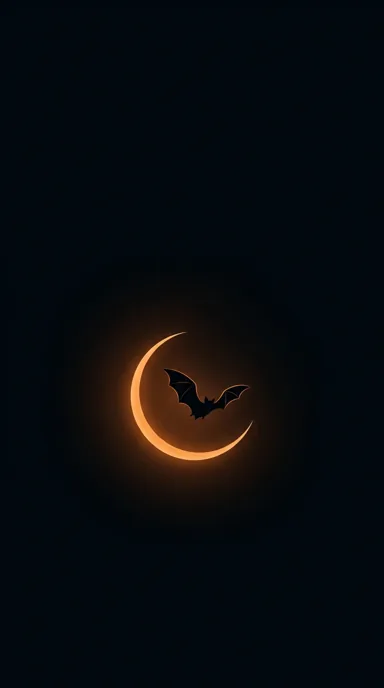 A dark bat silhouette sits inside a thin glowing amber crescent on a deep blue-black background