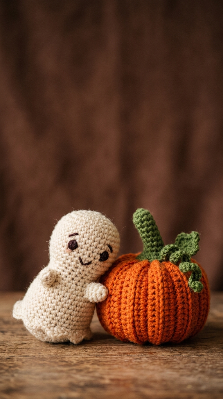 A cream crochet ghost leans beside a bright orange crocheted pumpkin