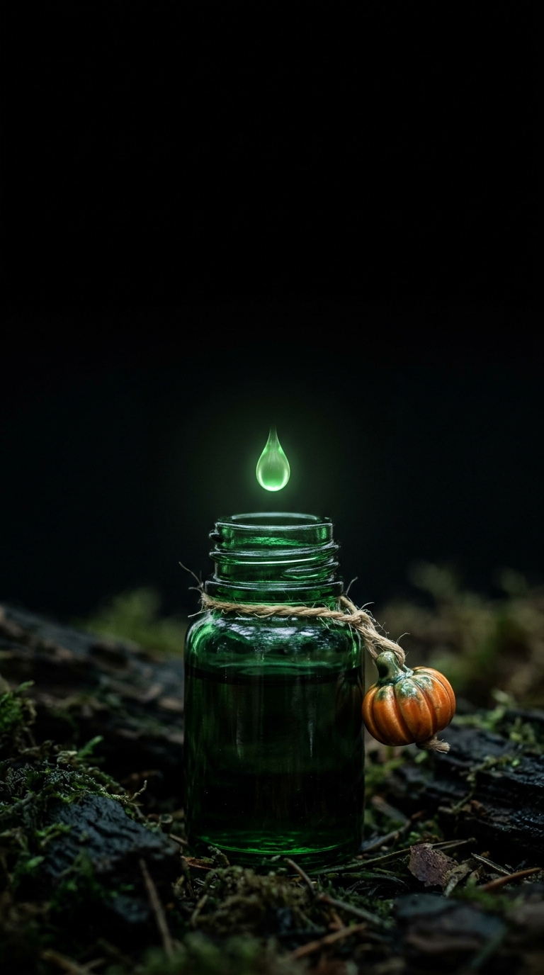 An emerald glass jar and suspended green droplet glow among moss and dark stones