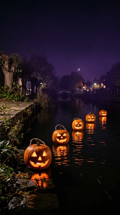 Pumpkin lanterns follow the edge of a dark canal amid purple haze and autumn foliage