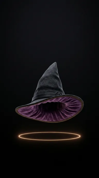 A dark violet witch hat floats above a thin amber ring of light