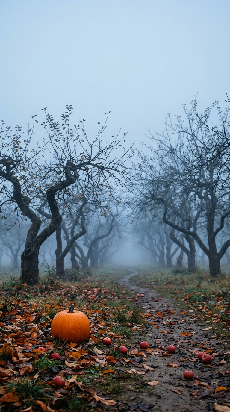 A lone orange pumpkin lies beneath twisted orchard trees fading into blue morning mist