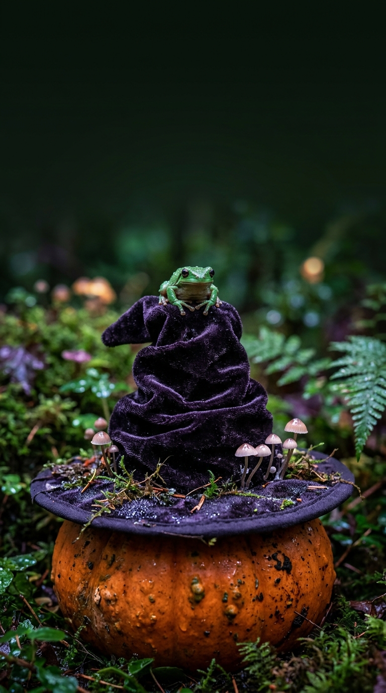 A tiny green frog sits on a folded purple witch hat resting on an orange pumpkin