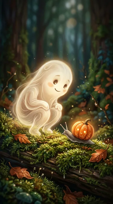 A friendly ghost watches a small pumpkin-shelled snail on a moss-covered forest log