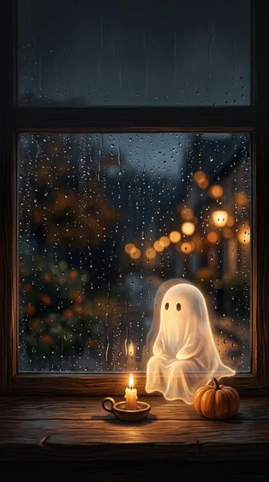 A glowing little ghost sits on a rainy windowsill beside a candle and pumpkin, with autumn lights outside