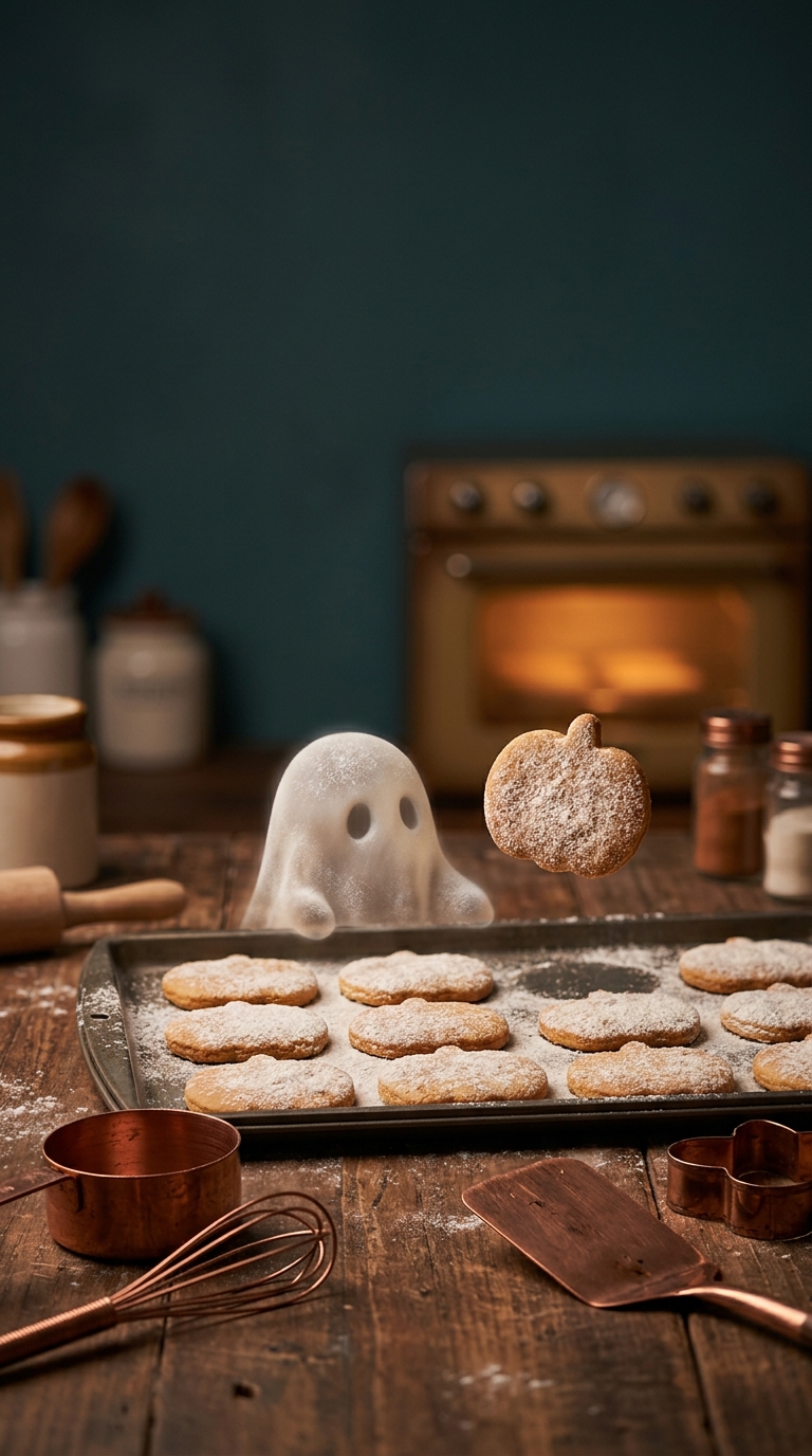 A little ghost stands behind a tray of pumpkin-shaped cookies in a warmly lit rustic kitchen