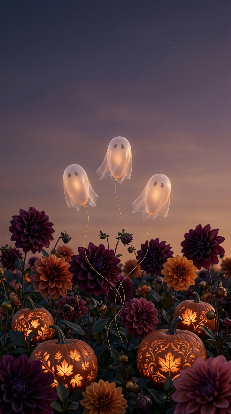 Translucent ghost balloons float above dark flowers and orange pumpkins at dusk