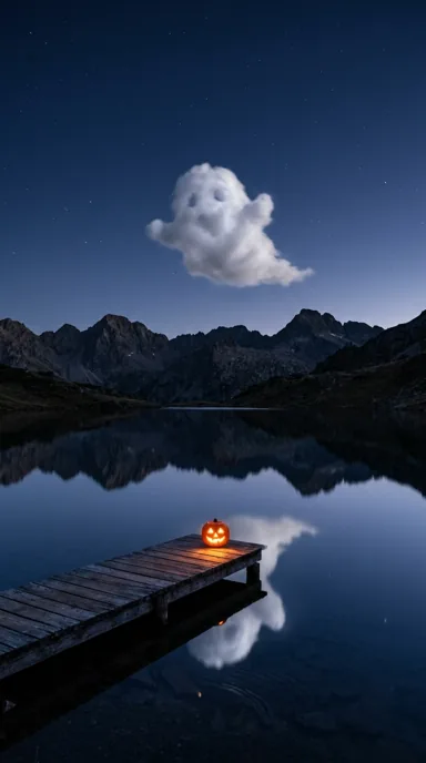 A friendly ghost-shaped cloud hangs over a mountain lake with a pumpkin-lit dock