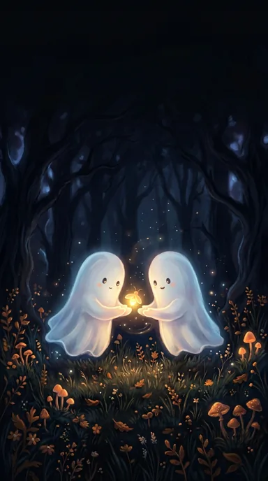Two glowing ghosts meet around a small golden light in a dark woodland meadow