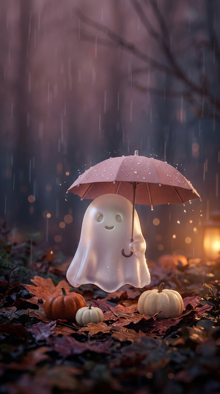 A pale ghost shelters under a pink umbrella in a misty autumn woodland